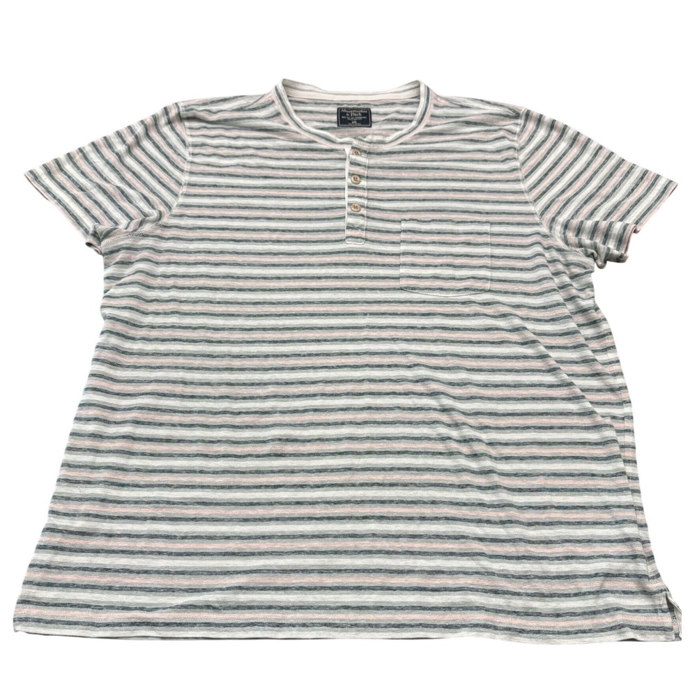 Abercrombie & Fitch Mens XXL Striped Linen Blend Short Sleeve Henley Shirt Grey